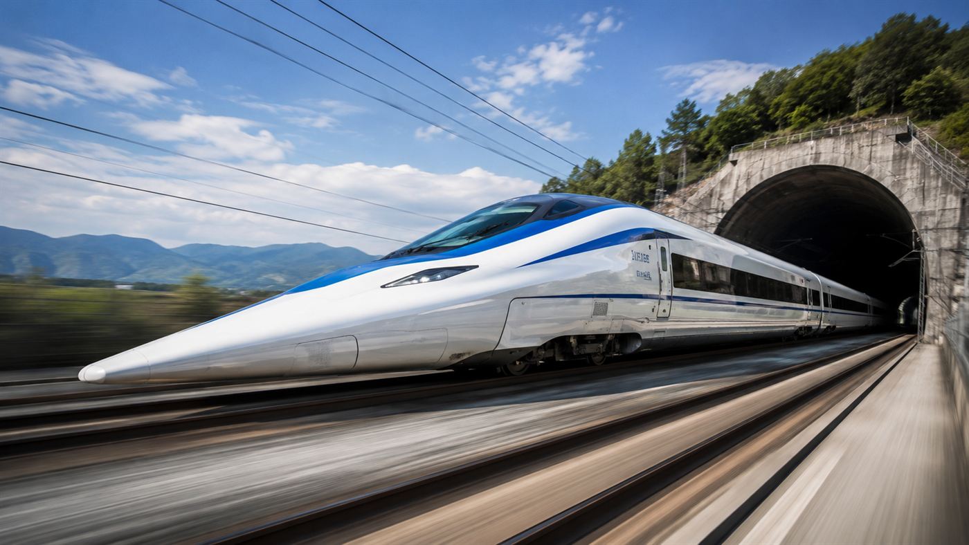 A long-nosed high-speed bullet train shaped like a kingfisher's beak bursting out of a tunnel at speed