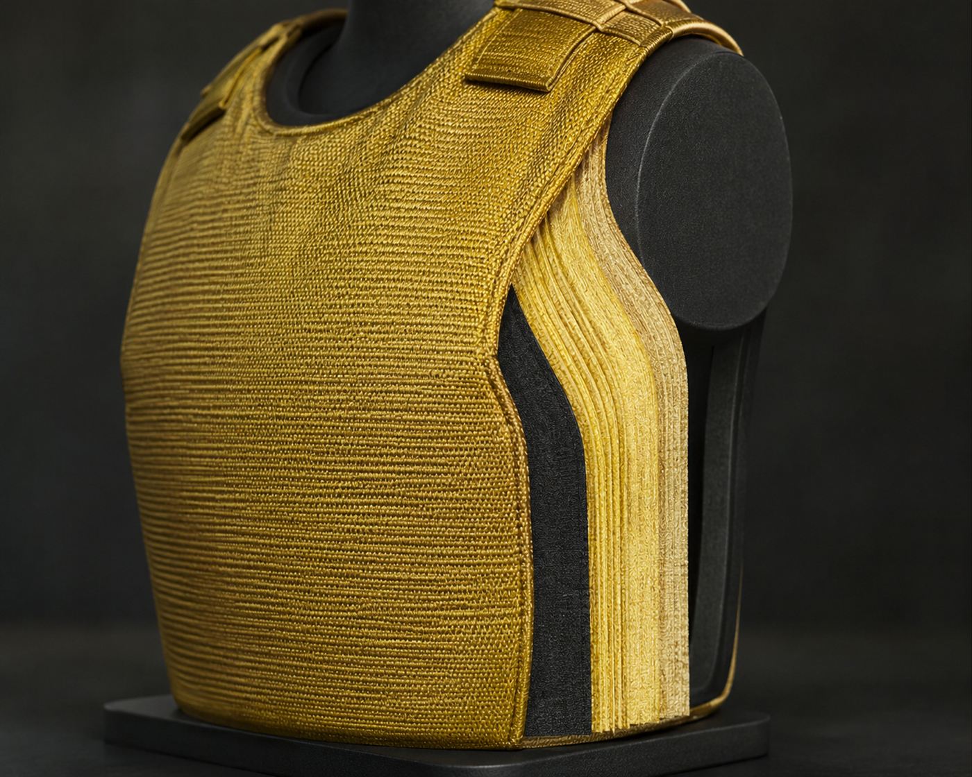 A bulletproof vest made of layered golden aramid fabric, one of Kevlar's most famous uses