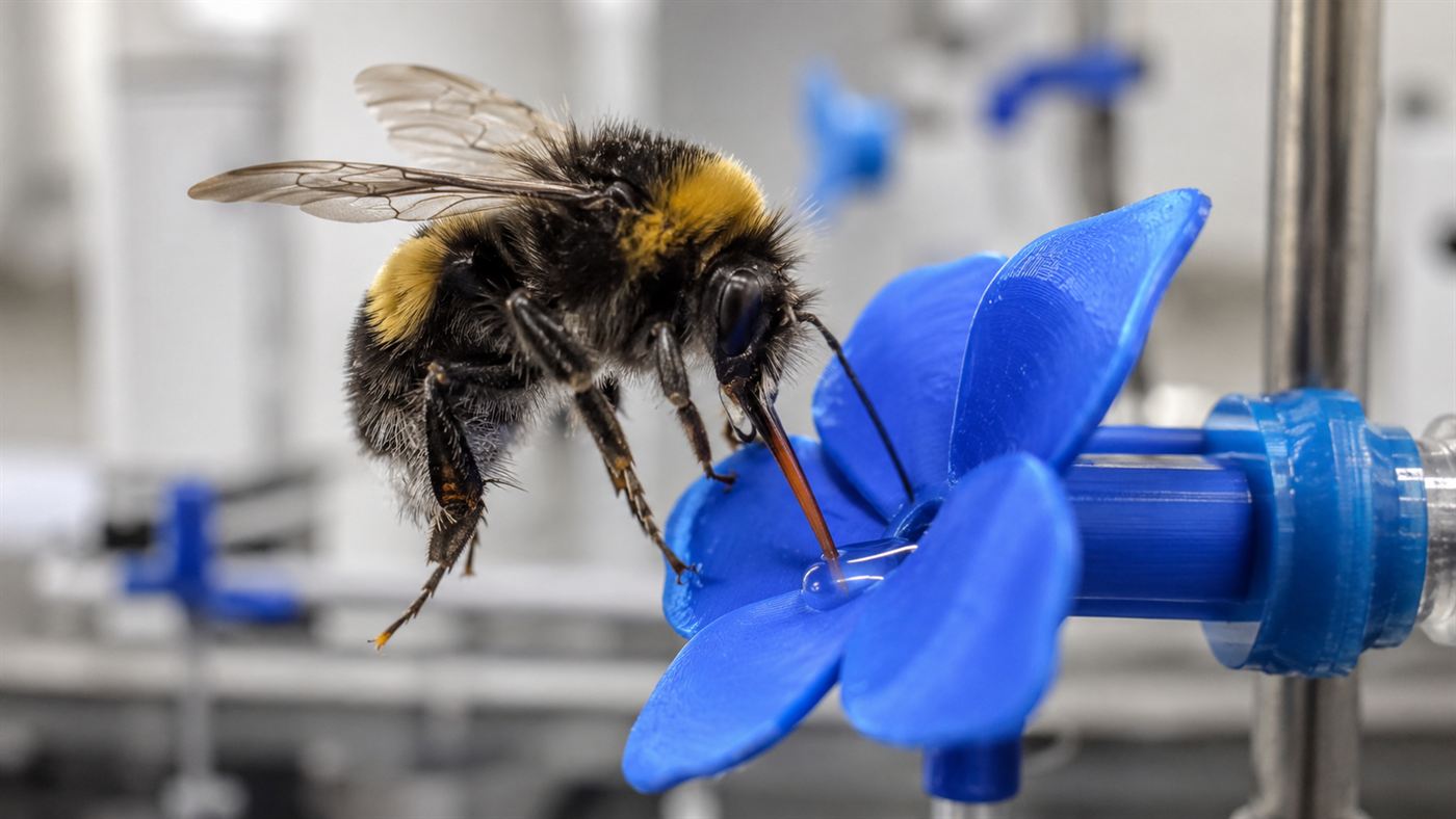 Close-up of a bumblebee feeding at an artificial blue flower used to give a sugar reward in the study