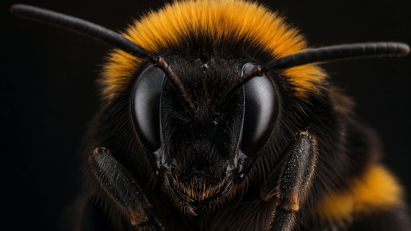 Extreme macro portrait of a bumblebee showing its large compound eyes and fuzzy body in fine detail