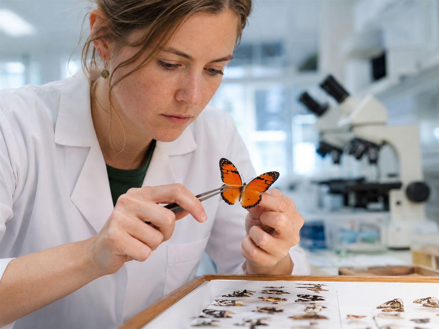 A researcher in a laboratory gently examining a bright tropical butterfly to study its strength and health as it ages