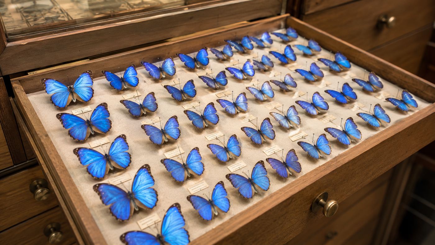 A museum drawer of pinned blue butterfly specimens with small labels