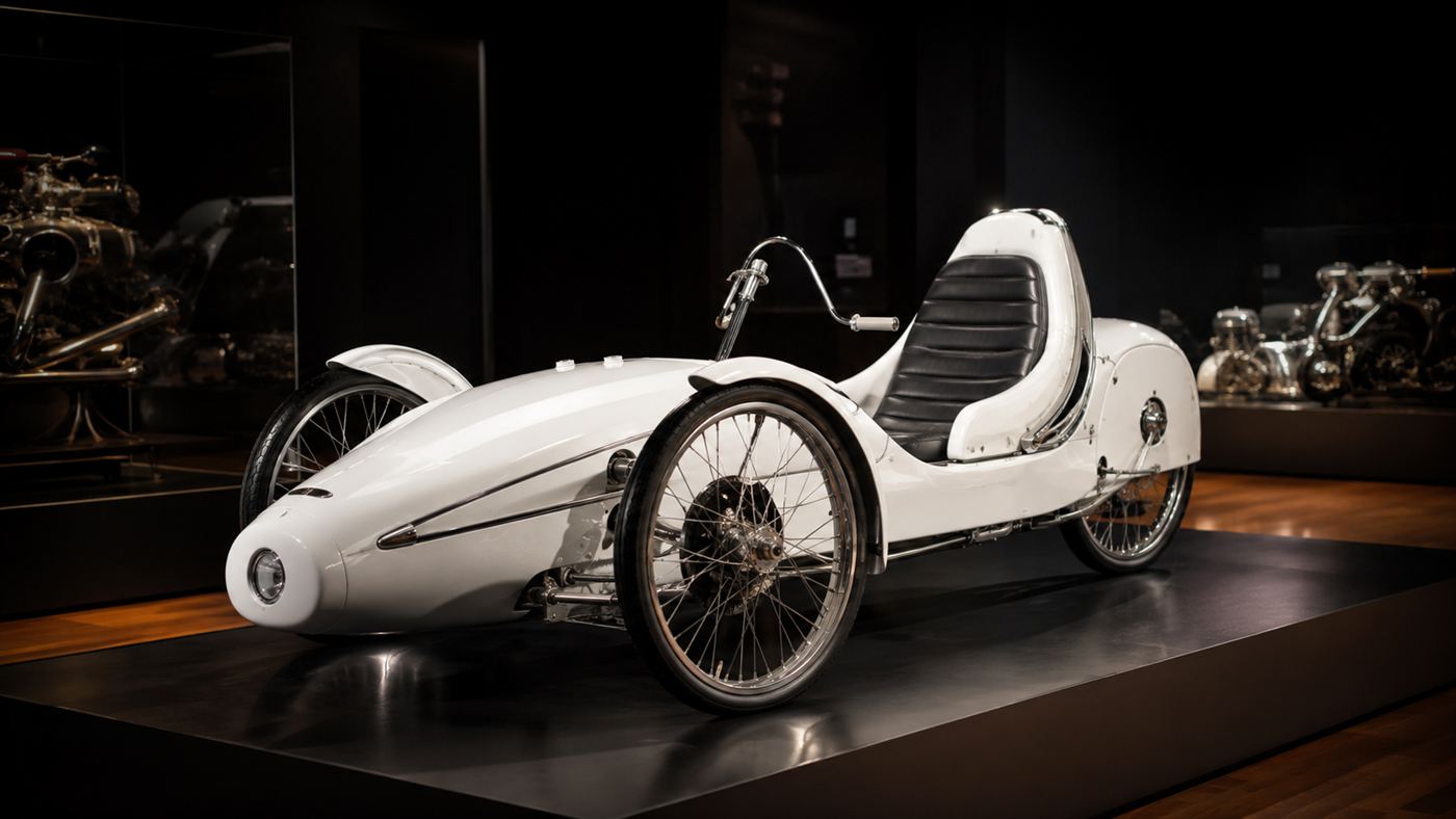 A restored Sinclair C5 electric vehicle displayed as a prized collector's item under bright light