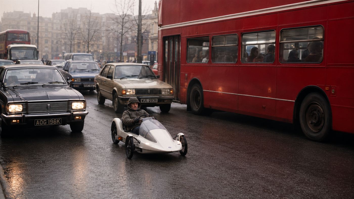 A person riding a low electric trike in city traffic, dwarfed by cars and a bus alongside