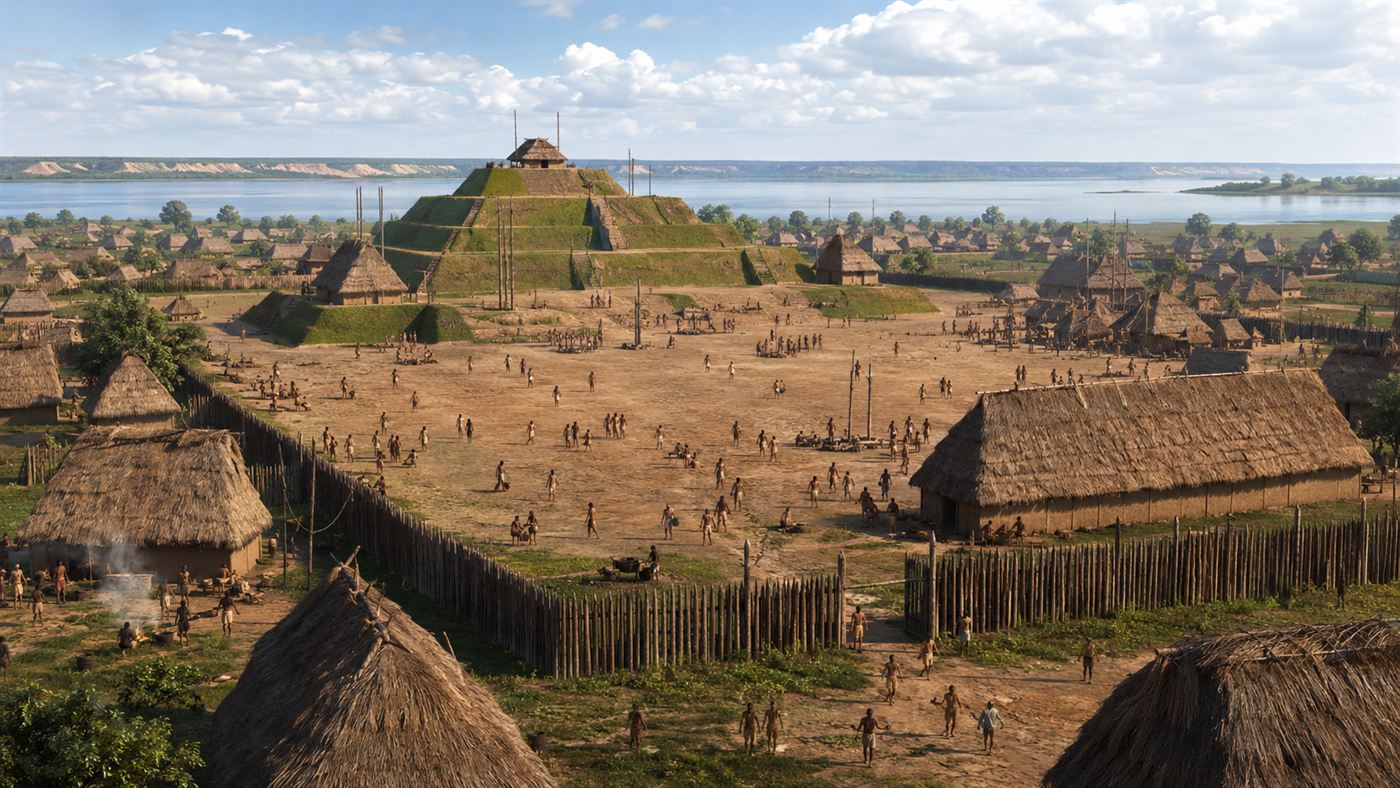 An illustration of Cahokia at its height around 1100 AD, a great plaza and the terraced Monks Mound surrounded by thatched houses