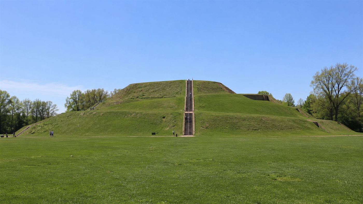 The grassy terraced Monks Mound at Cahokia today, the largest earthwork in the Americas