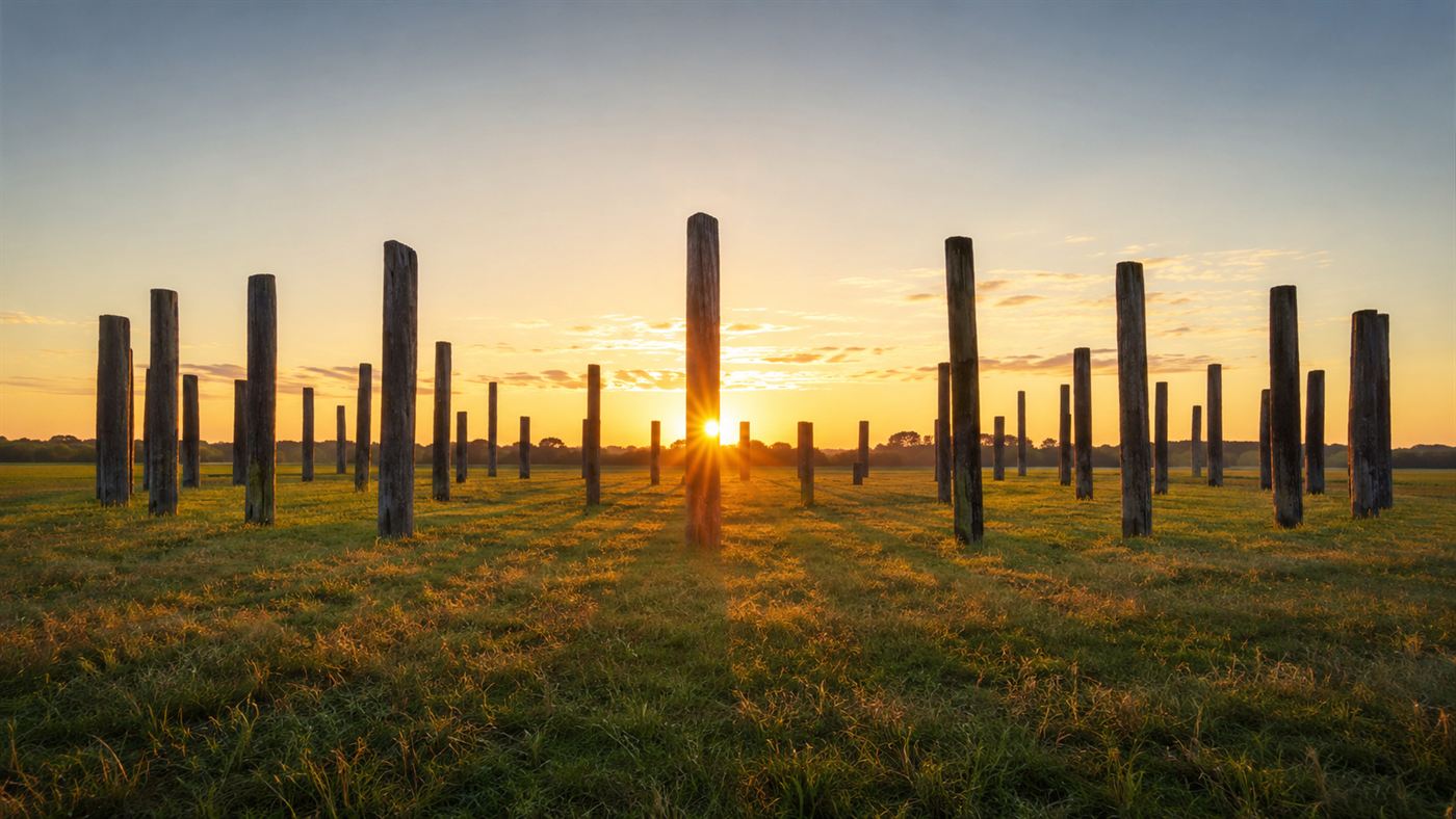 The reconstructed Woodhenge, a circle of tall red cedar posts at Cahokia aligned to the sunrise