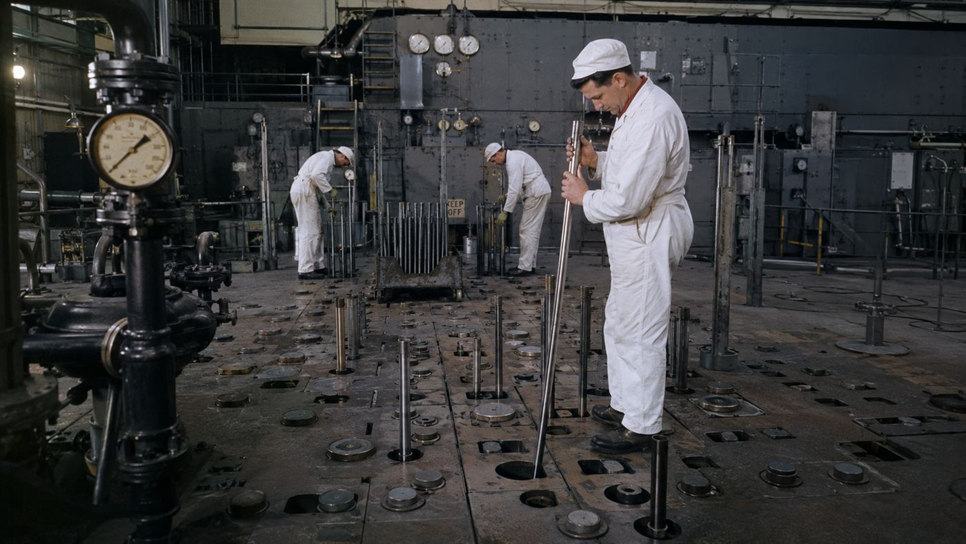 Technicians loading fuel rods into a Magnox reactor at Calder Hall