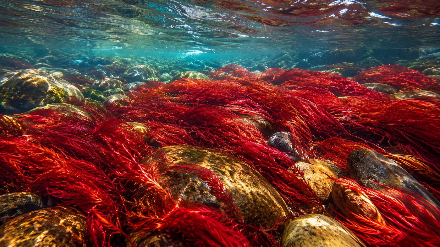 Close-up of bright red aquatic plants carpeting the bed of a clear river and swaying in the current
