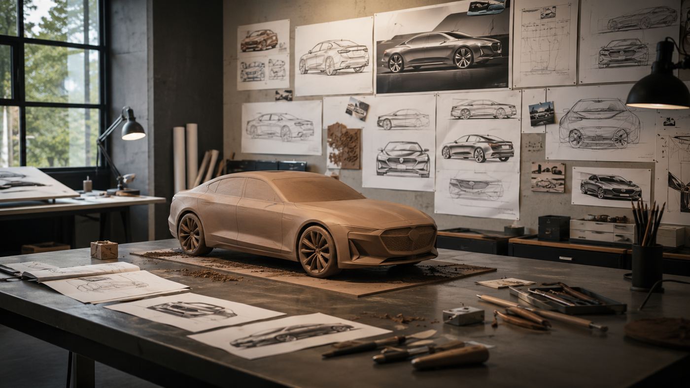 A car designer's studio with sketches of a sleek sedan on the wall and a scale model on a table