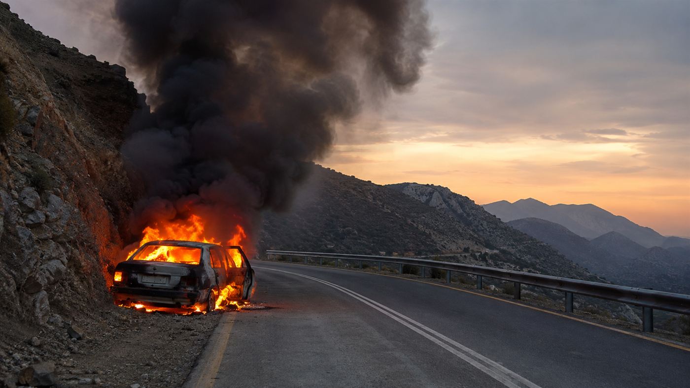 A car engulfed in flames at the edge of a winding mountain road, evoking Frane Selak's car fires