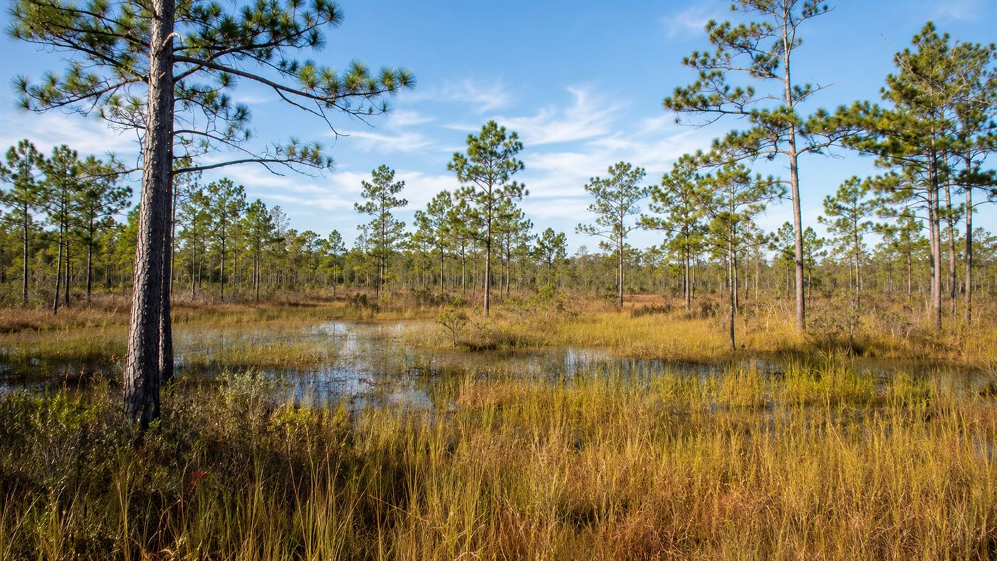 A sunny coastal pine savanna wetland in the Carolinas, the wild home of the Venus flytrap