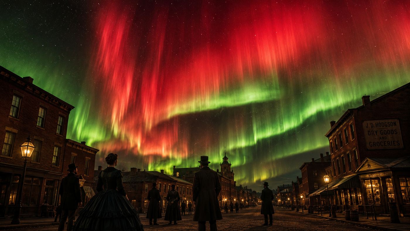 A vivid red and green aurora blazing across the night sky over a quiet 19th century town, with people in the street looking up in wonder