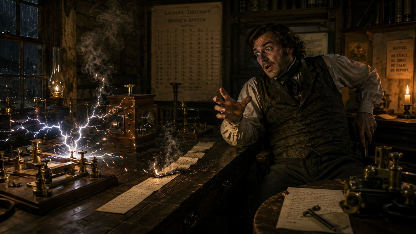 A 19th century telegraph office with sparks flying from the brass equipment and an alarmed operator recoiling from his desk