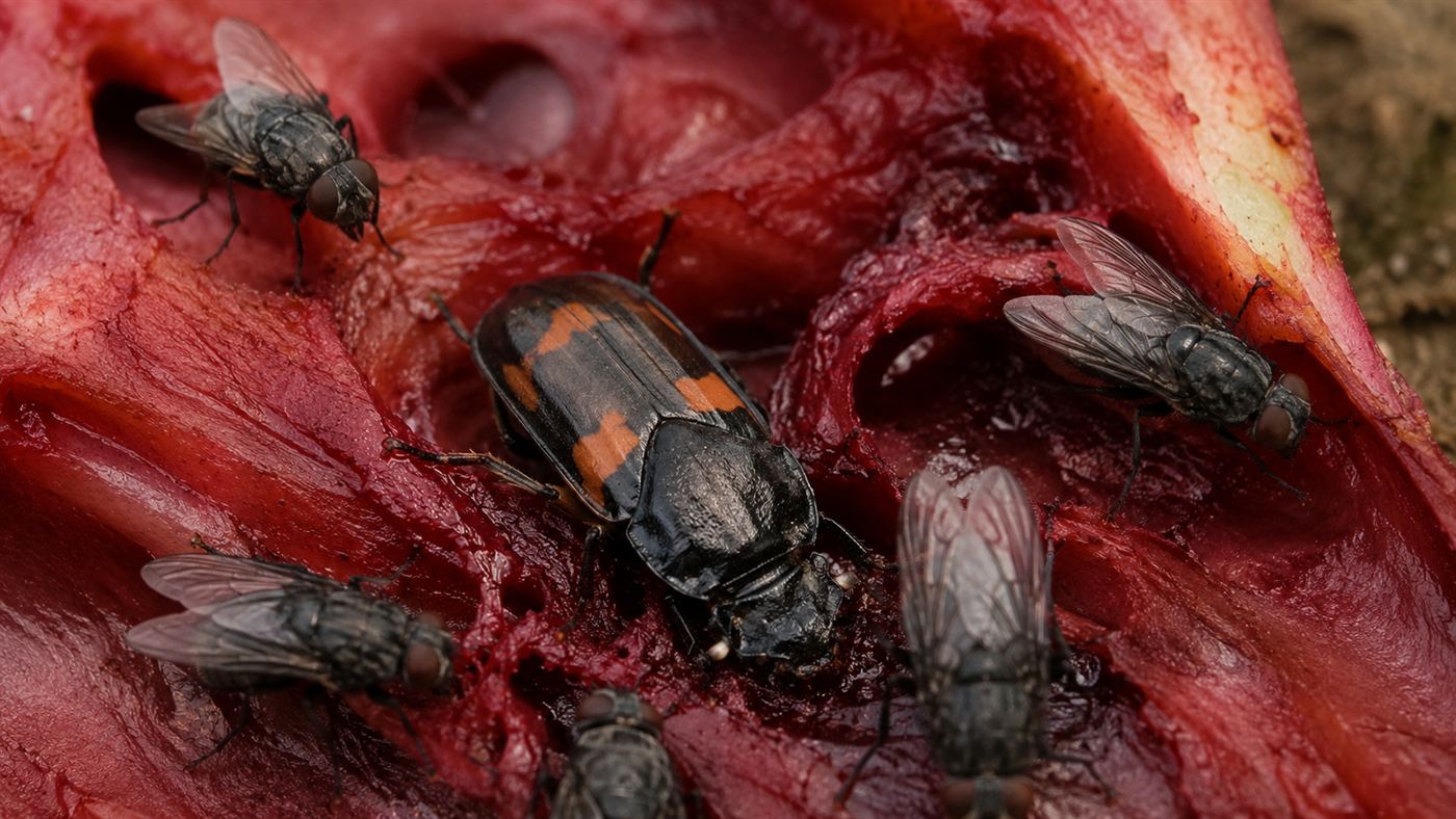 Several dark flies and a carrion beetle crawling on a deep red fleshy plant surface