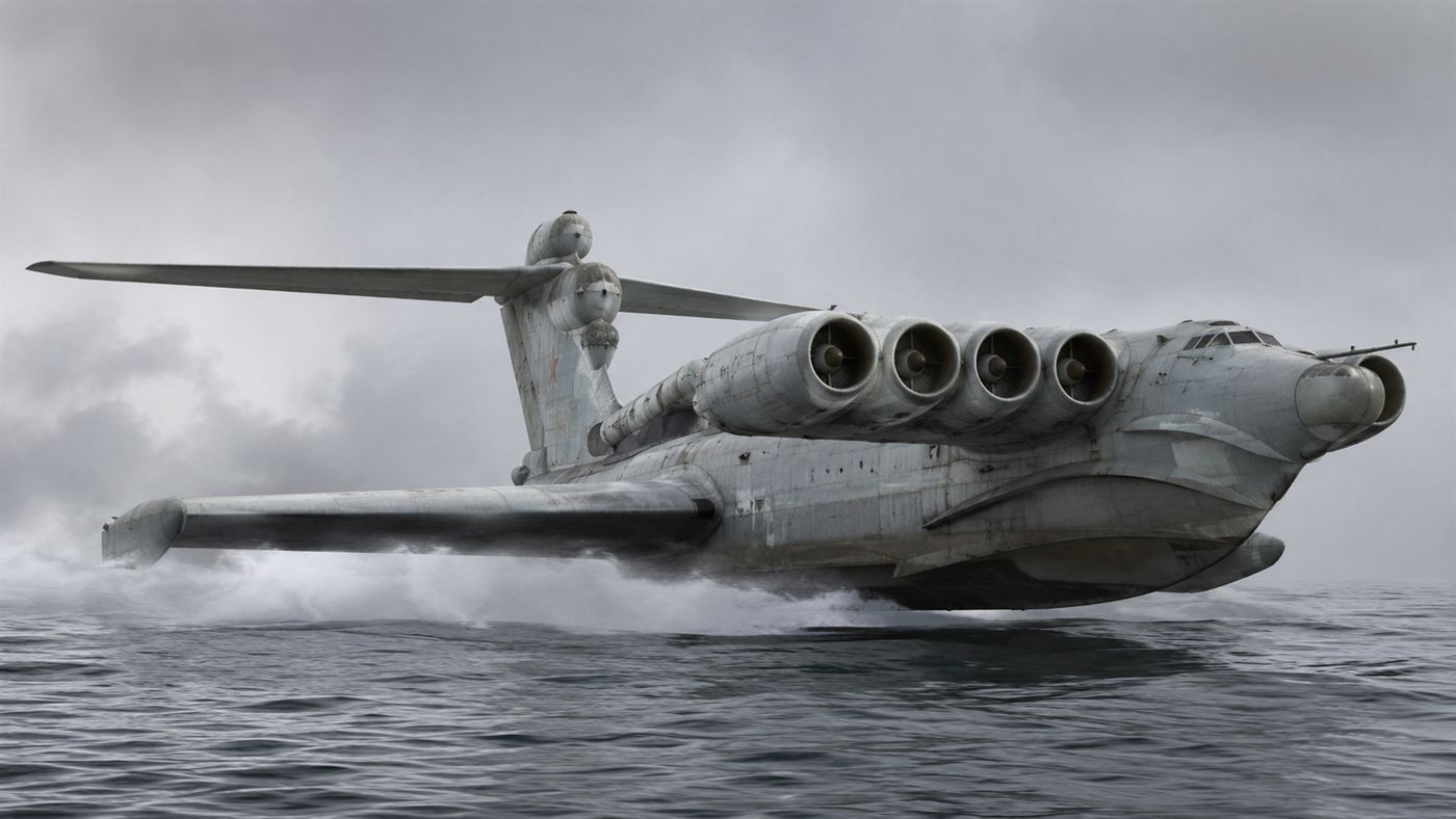 The Caspian Sea Monster, a colossal Soviet ekranoplan with stubby wings and jet engines, skimming low over the sea