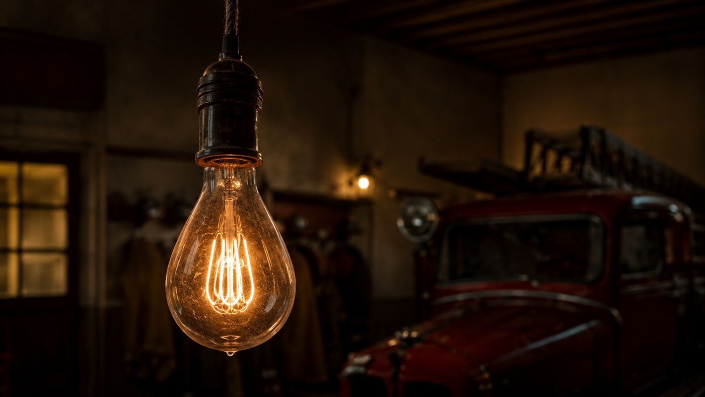 The Centennial Light, an old hand-blown carbon-filament lightbulb glowing a soft orange as it hangs in a dim fire station