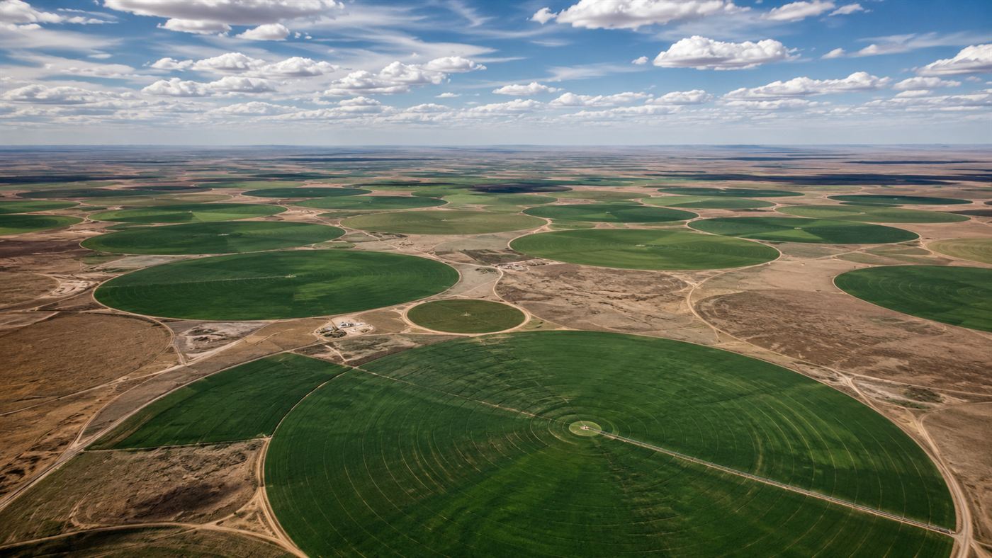 Aerial view of green circular center-pivot irrigation fields watered by the Ogallala Aquifer spread across the flat Great Plains