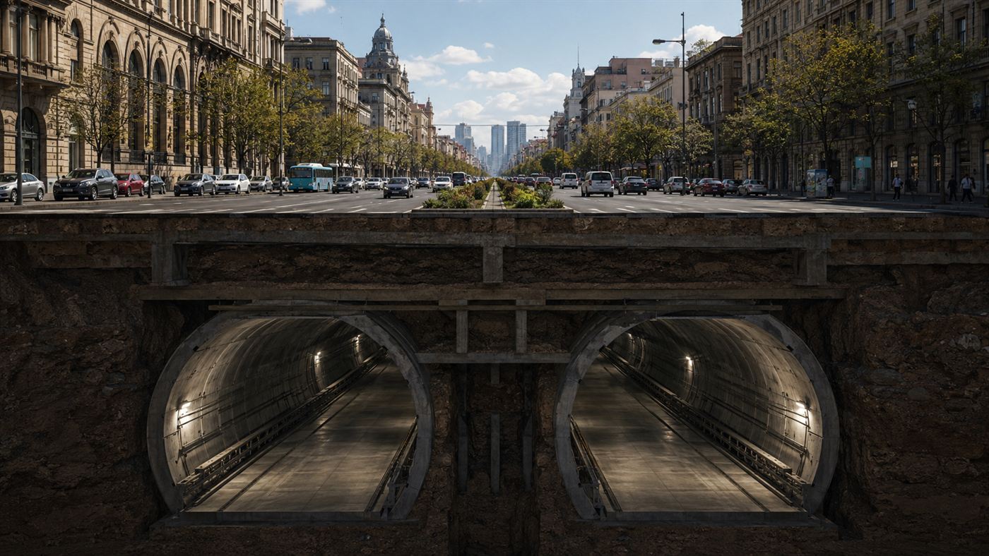 A modern city boulevard with traffic, beneath which the abandoned Cincinnati subway tunnels run unseen
