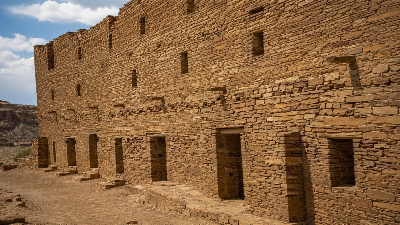 Close view of the precise fitted-stone masonry walls and doorways of a multi-storey great house at Chaco Canyon