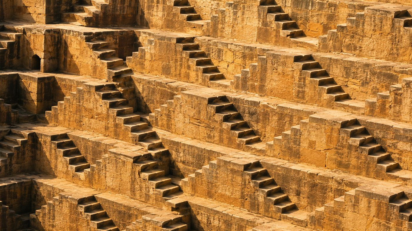 Close-up of the repeating triangular pattern of the sandstone steps of Chand Baori in sharp light and shadow