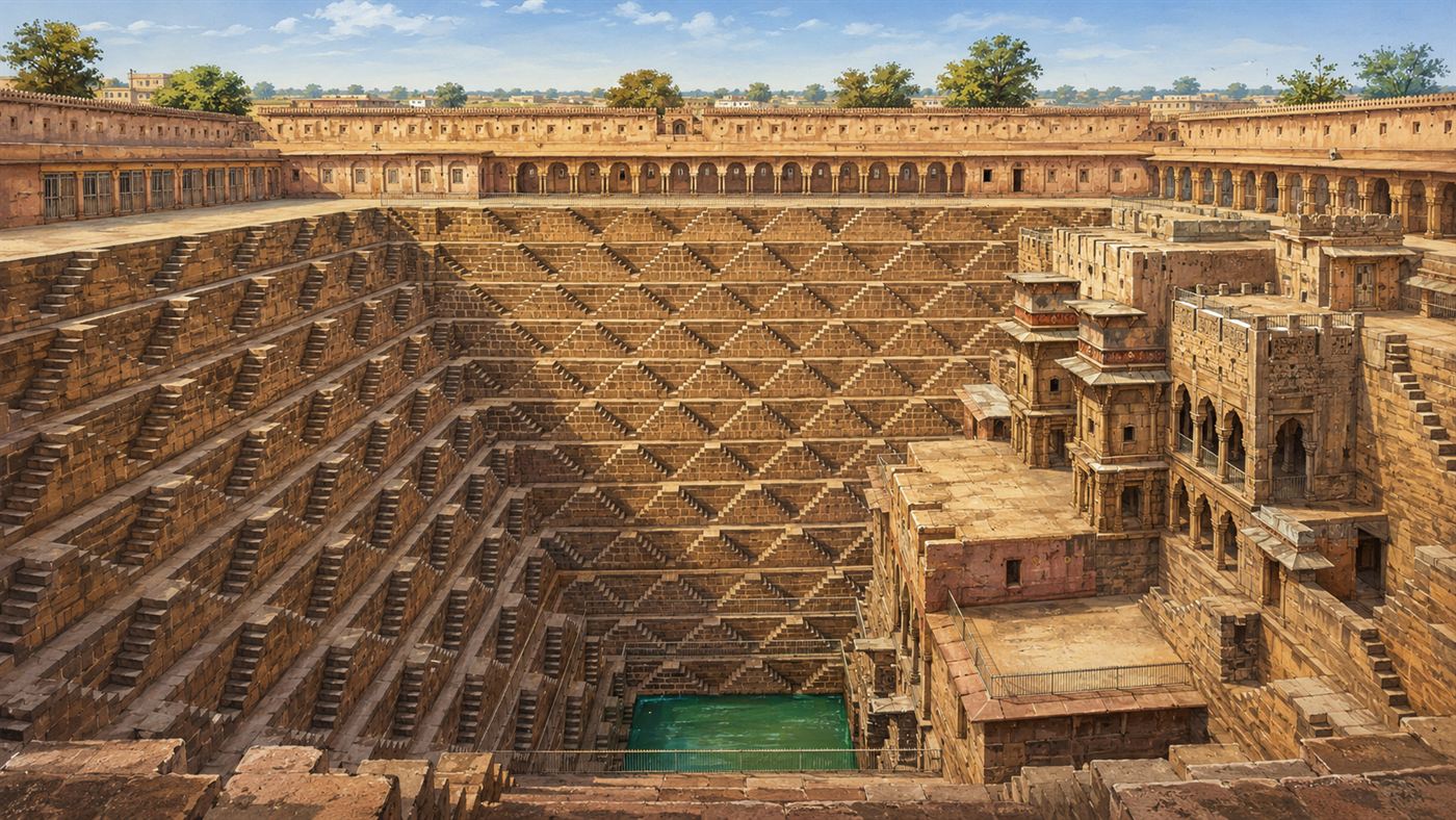 The vast inverted-pyramid of crisscrossing sandstone steps of Chand Baori descending steeply to a small pool of green water at the bottom