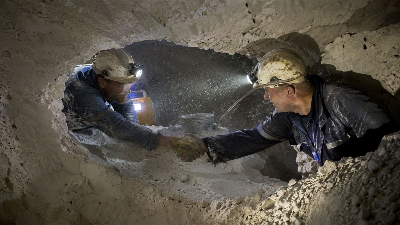 Two Channel Tunnel miners shaking hands through a broken hole in a chalk tunnel wall deep under the sea