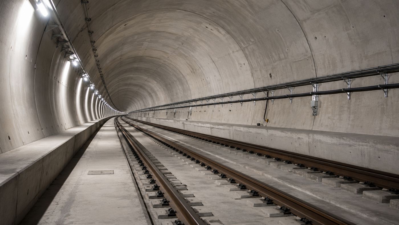 The brightly lit concrete interior of the finished Channel Tunnel with twin rail tracks running into the distance