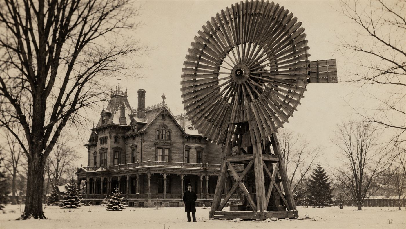 Charles Brush's giant 144-blade wooden wind turbine on a tall tower behind a Victorian mansion in Cleveland in 1888