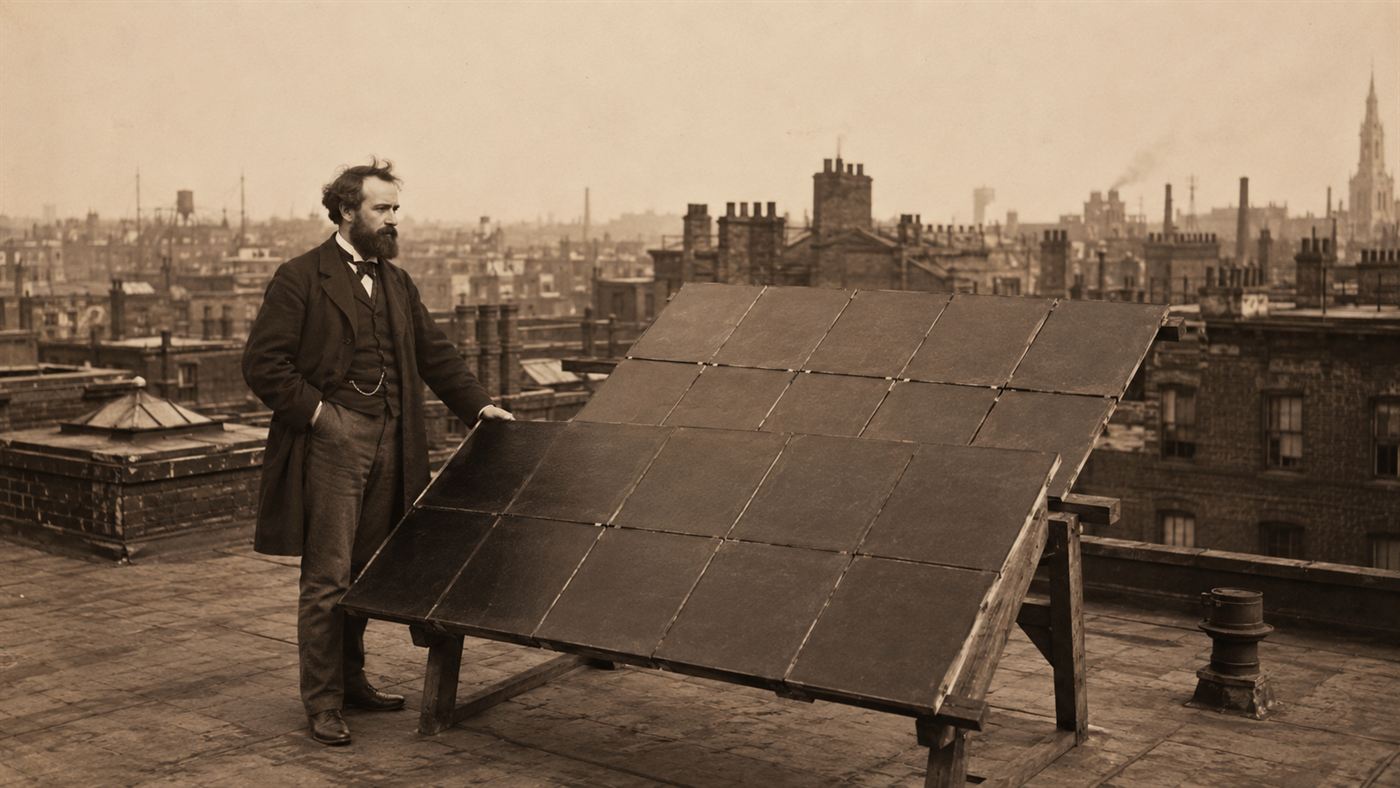 A Victorian inventor beside an early Charles Fritts solar cell array on a New York rooftop in 1884