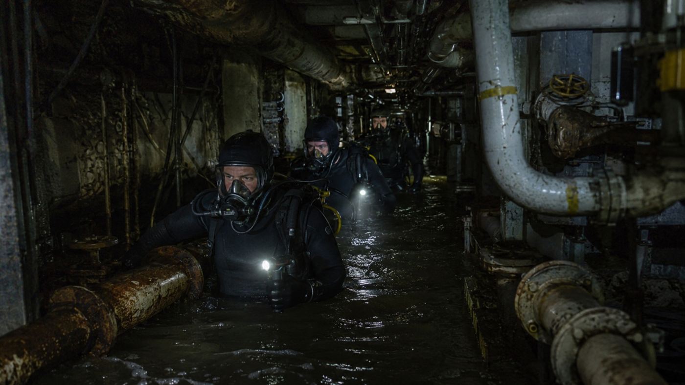 The Chernobyl divers in wetsuits wading through a flooded basement corridor of pipes by flashlight