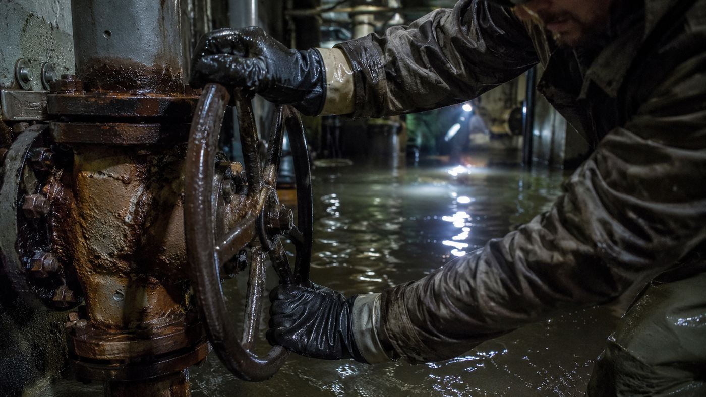 Gloved hands turning a large industrial gate valve wheel on a pipe in a dim flooded corridor
