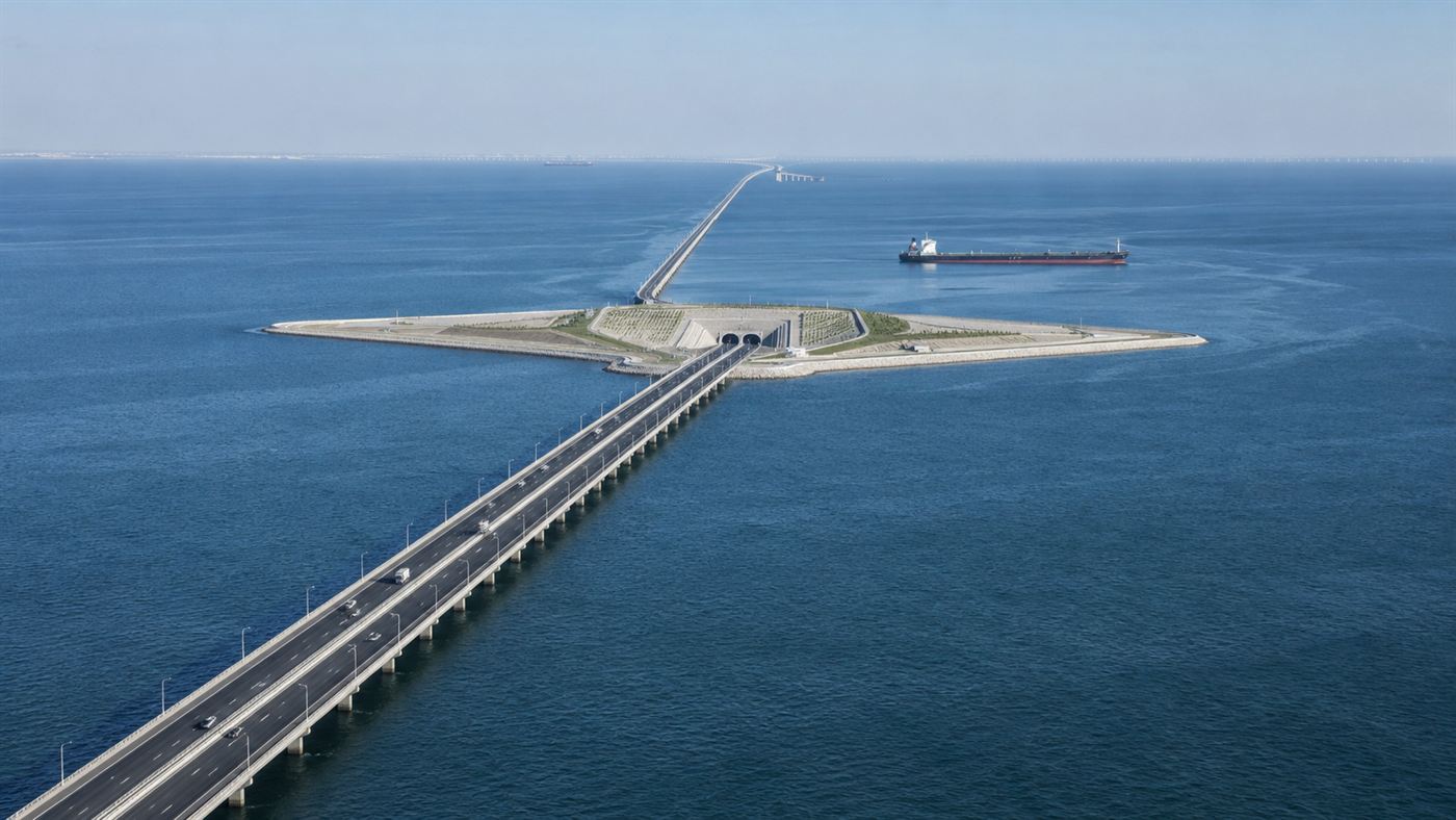 Aerial view of the Chesapeake Bay Bridge-Tunnel, a long low highway crossing open sea with a man-made island where the road dips into a tunnel and a ship passing over