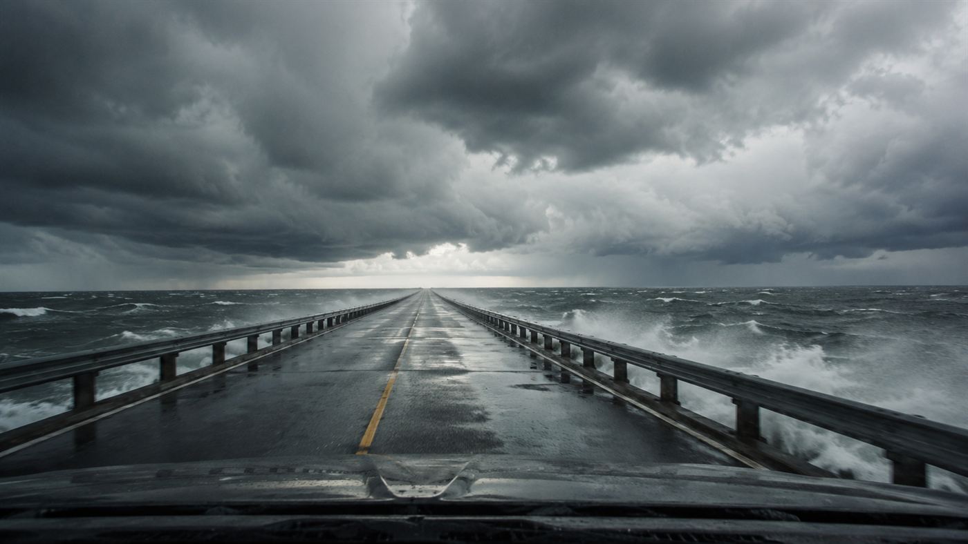 View from a car driving on a low two-lane bridge far out over choppy grey sea under a stormy sky near Virginia Beach