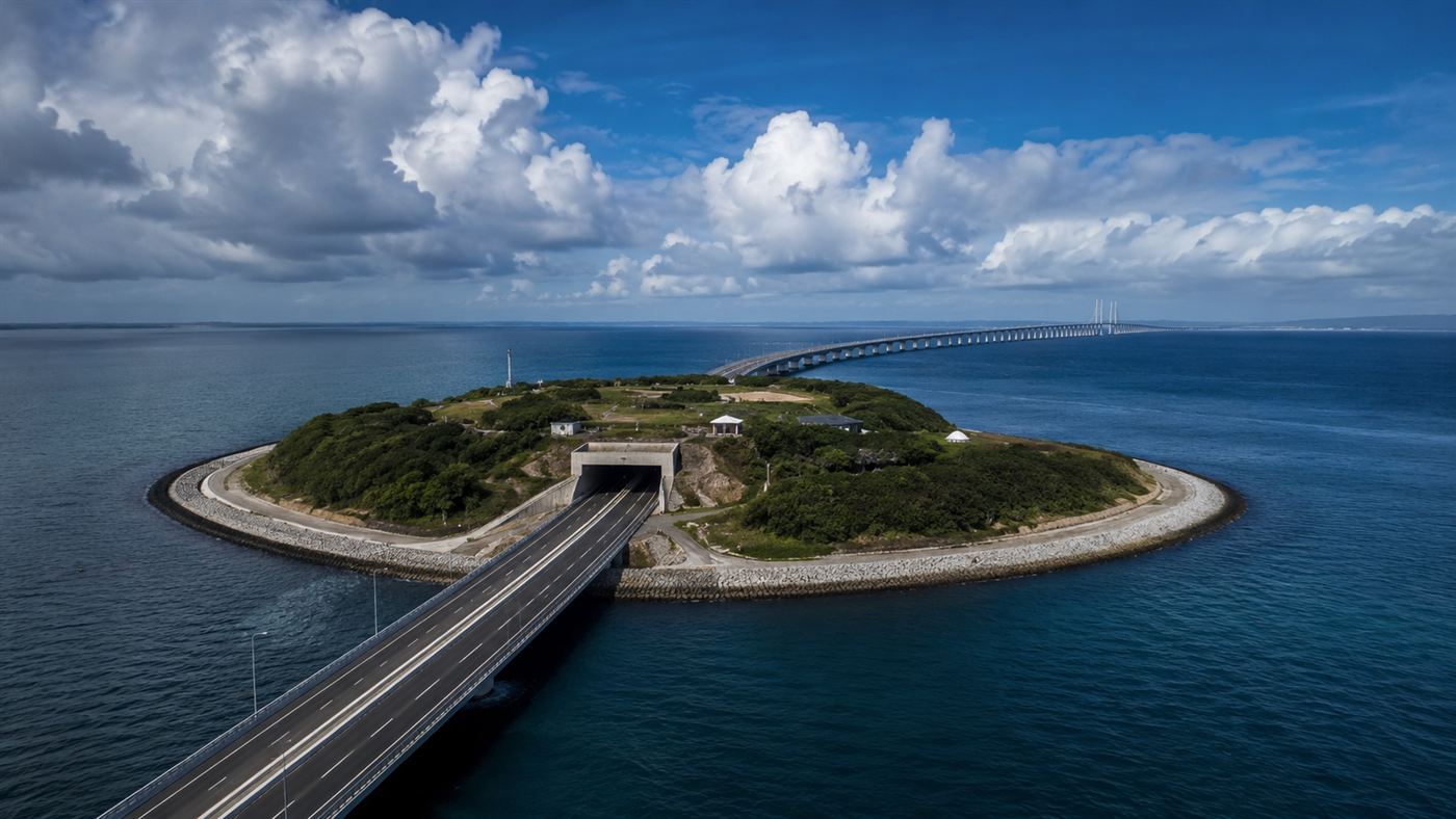 A man-made island in the middle of the sea where a two-lane highway ramps down into an underwater tunnel portal, with the bridge continuing across the water