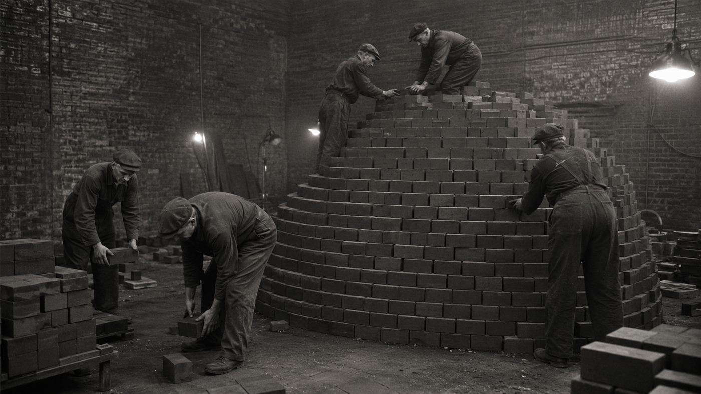 Workers in 1940s overalls stacking dark graphite bricks into the dome of Chicago Pile-1, the first nuclear reactor