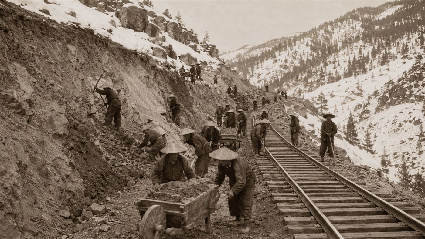 Chinese labourers building railroad track through the snowy Sierra Nevada mountains in the 1860s