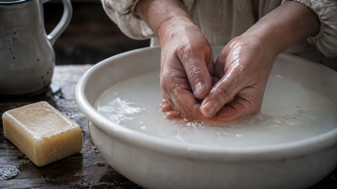Close-up of hands being washed in a white ceramic basin of milky chlorinated water beside a bar of lime soap