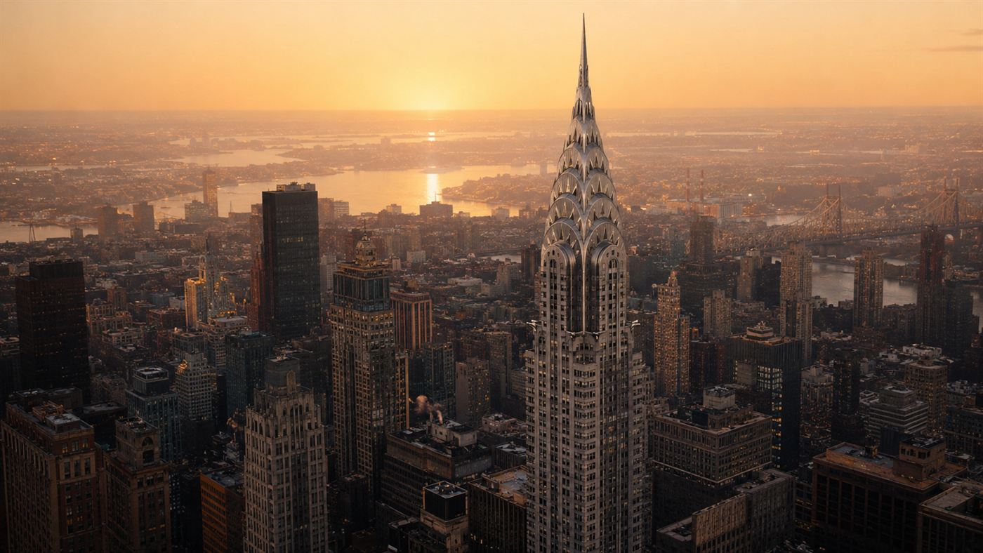 A 1930s New York City skyline at golden hour with the Chrysler Building's silver crown rising above the rooftops