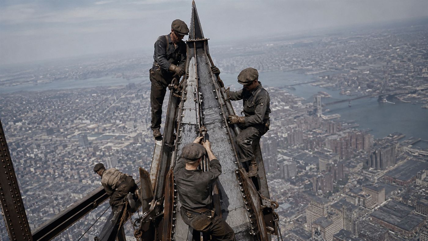 Ironworkers in flat caps high atop the Chrysler Building riveting together the tall steel spire above the city