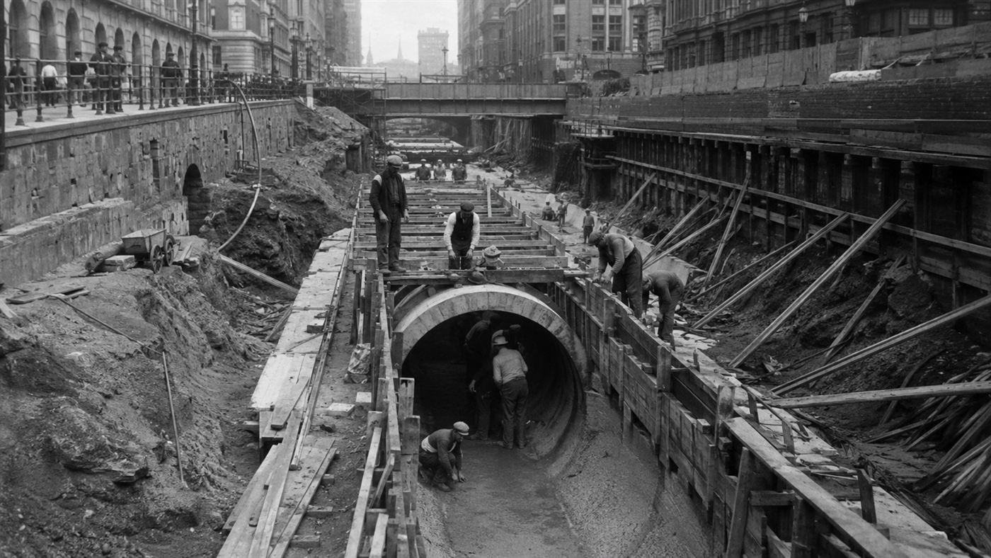 A 1920s open construction trench in a drained canal bed with concrete subway tunnel forms and workers