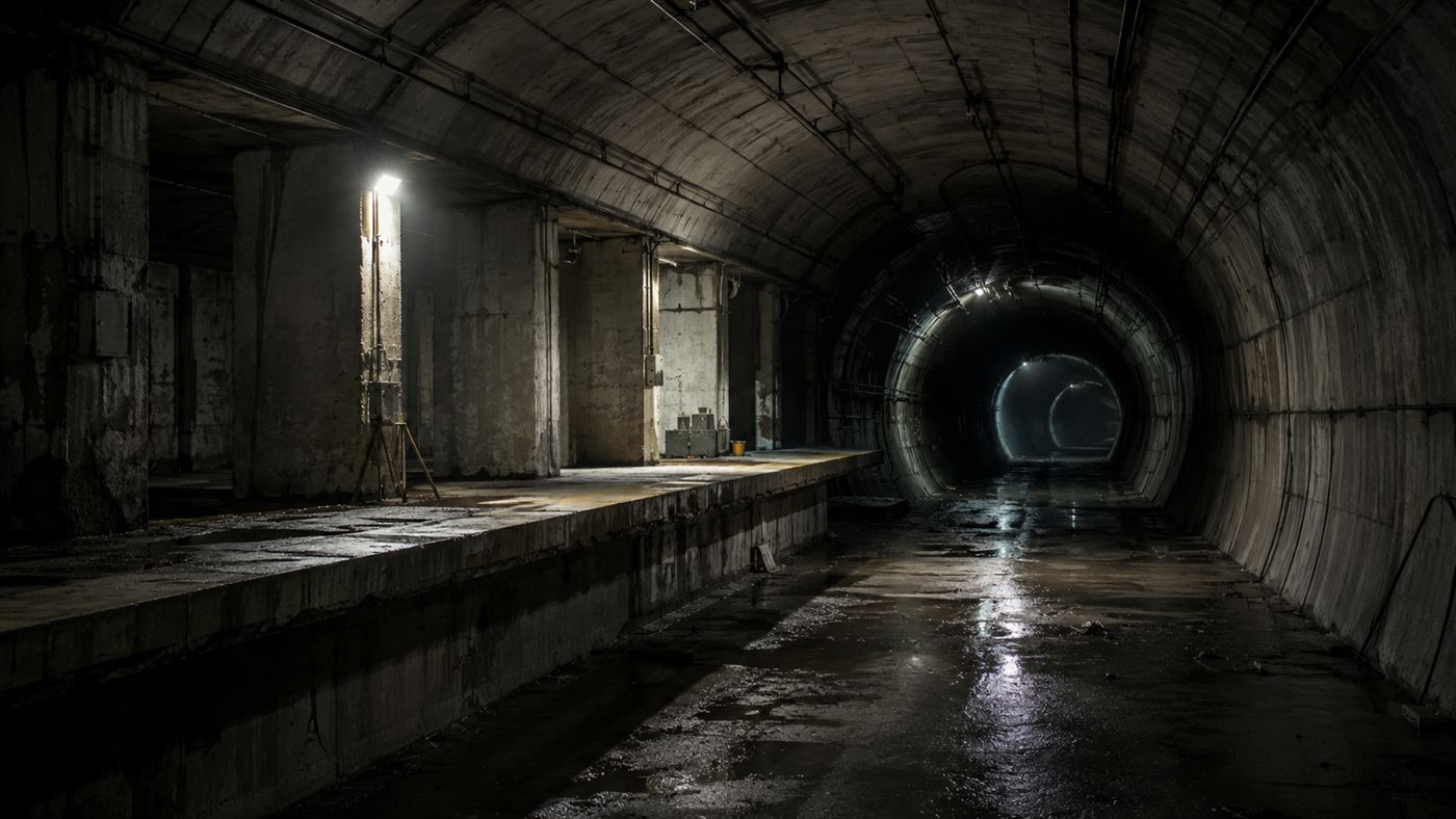 An empty concrete Cincinnati subway tunnel with an abandoned station platform lit by a single work light