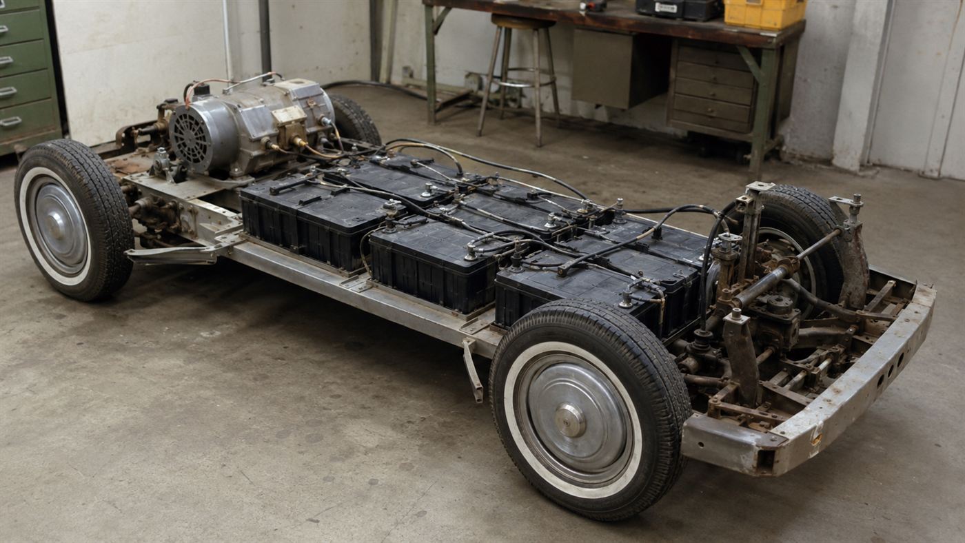 The simple chassis of a CitiCar showing its lead-acid batteries and small electric motor