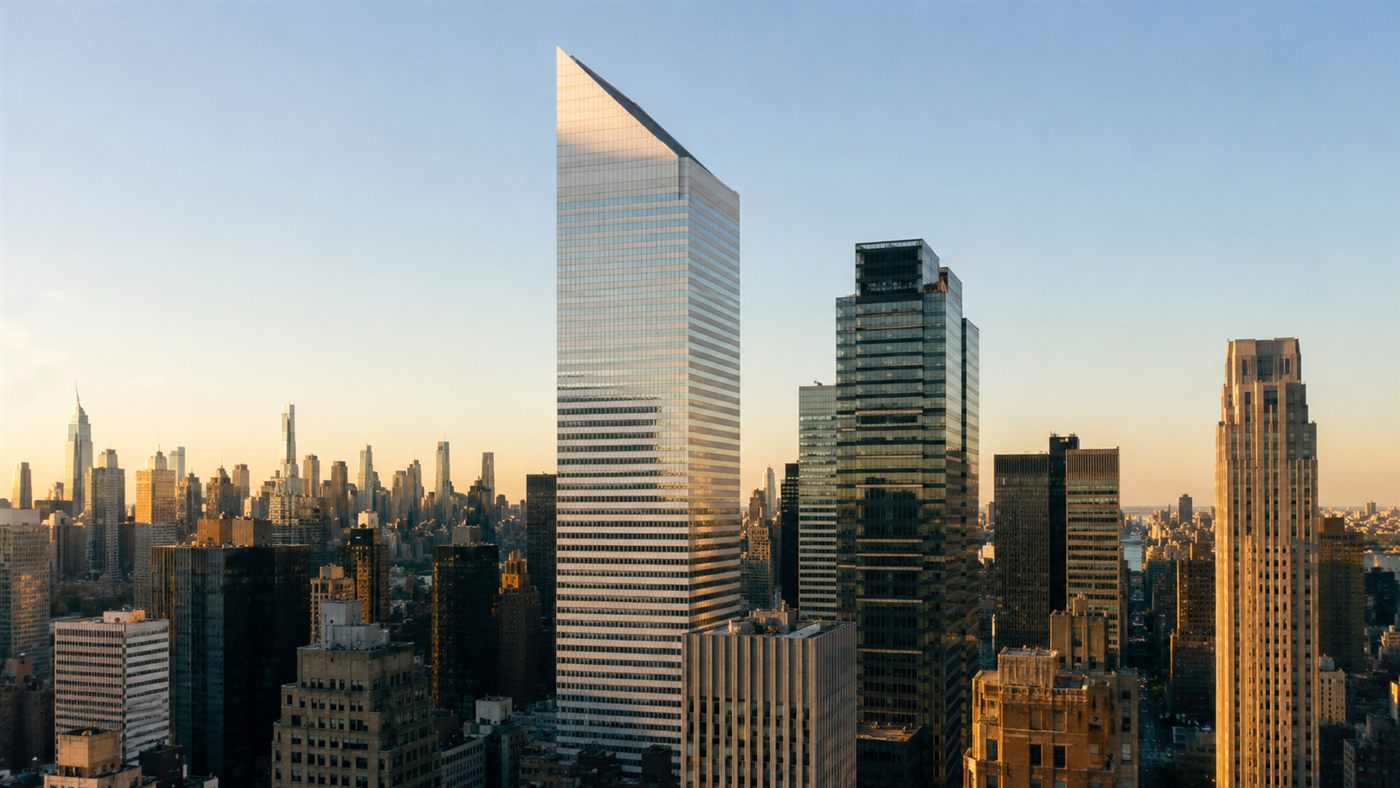 The Citicorp Center skyscraper with its sloped roof rising over the Manhattan skyline