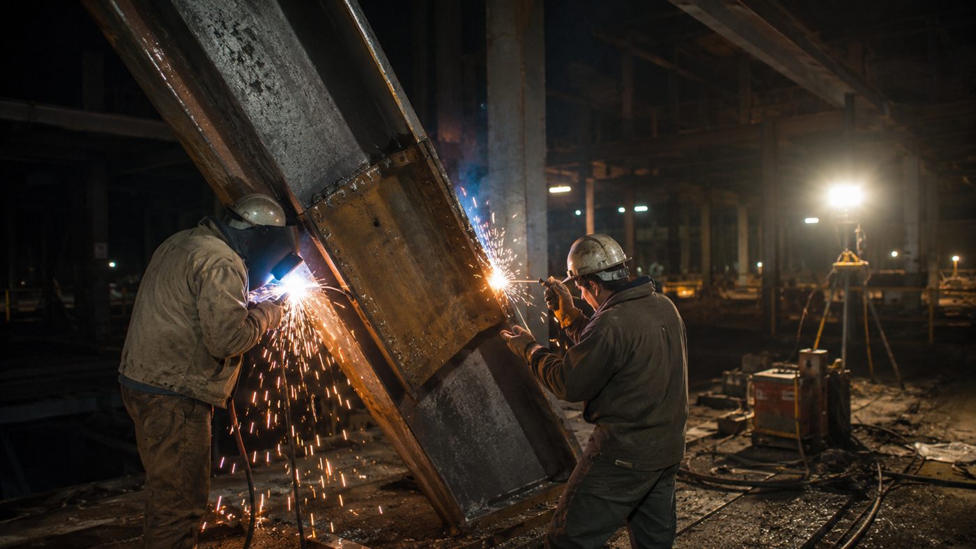 A structural engineer's repair crew welding steel plates onto a building's joints at night