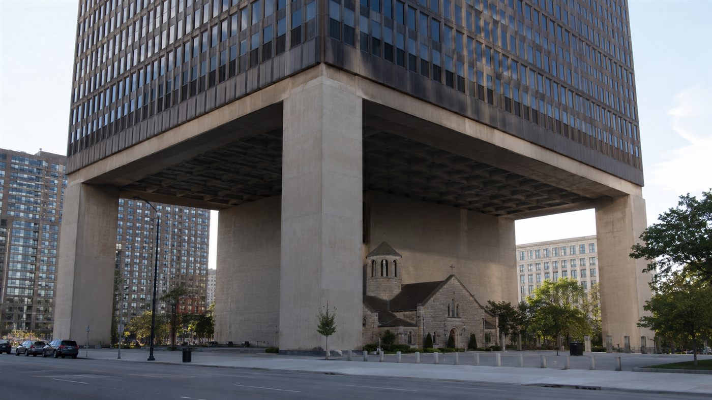 The base of the Citicorp Center skyscraper raised on four tall columns above a city street