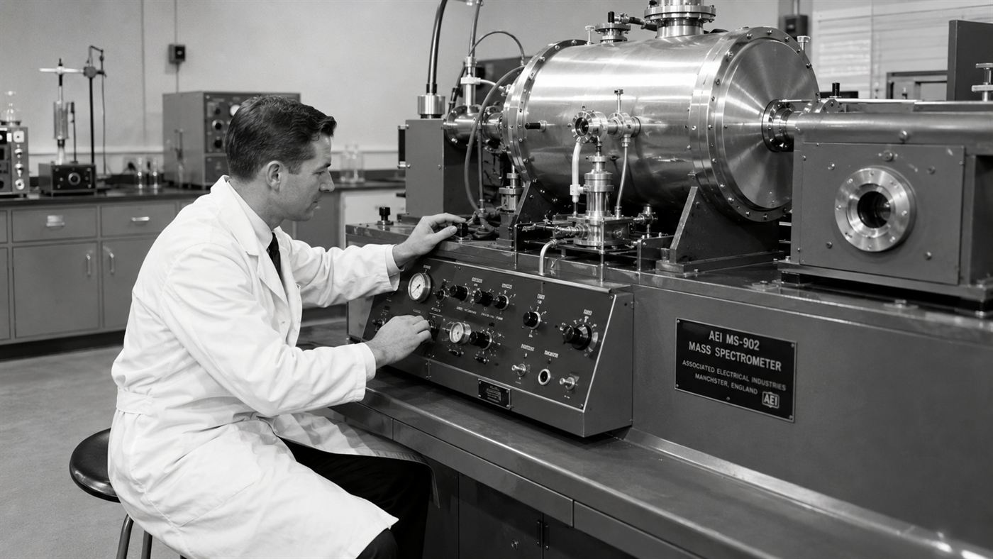 Clair Patterson, a 1950s geochemist, working at a mass spectrometer in a spotless clean room