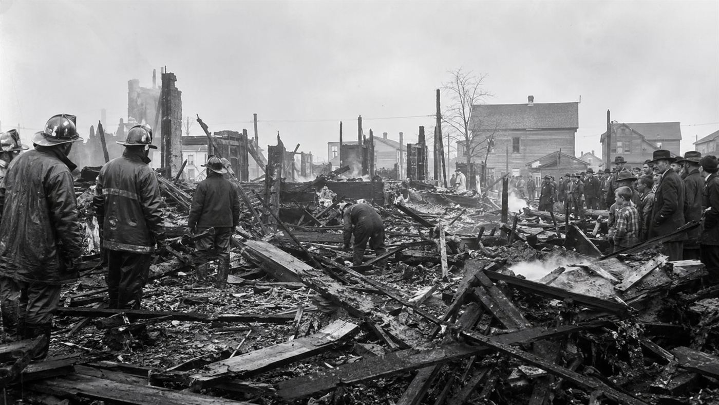 Firefighters and onlookers among the smoking ruins of flattened houses after a 1944 gas disaster