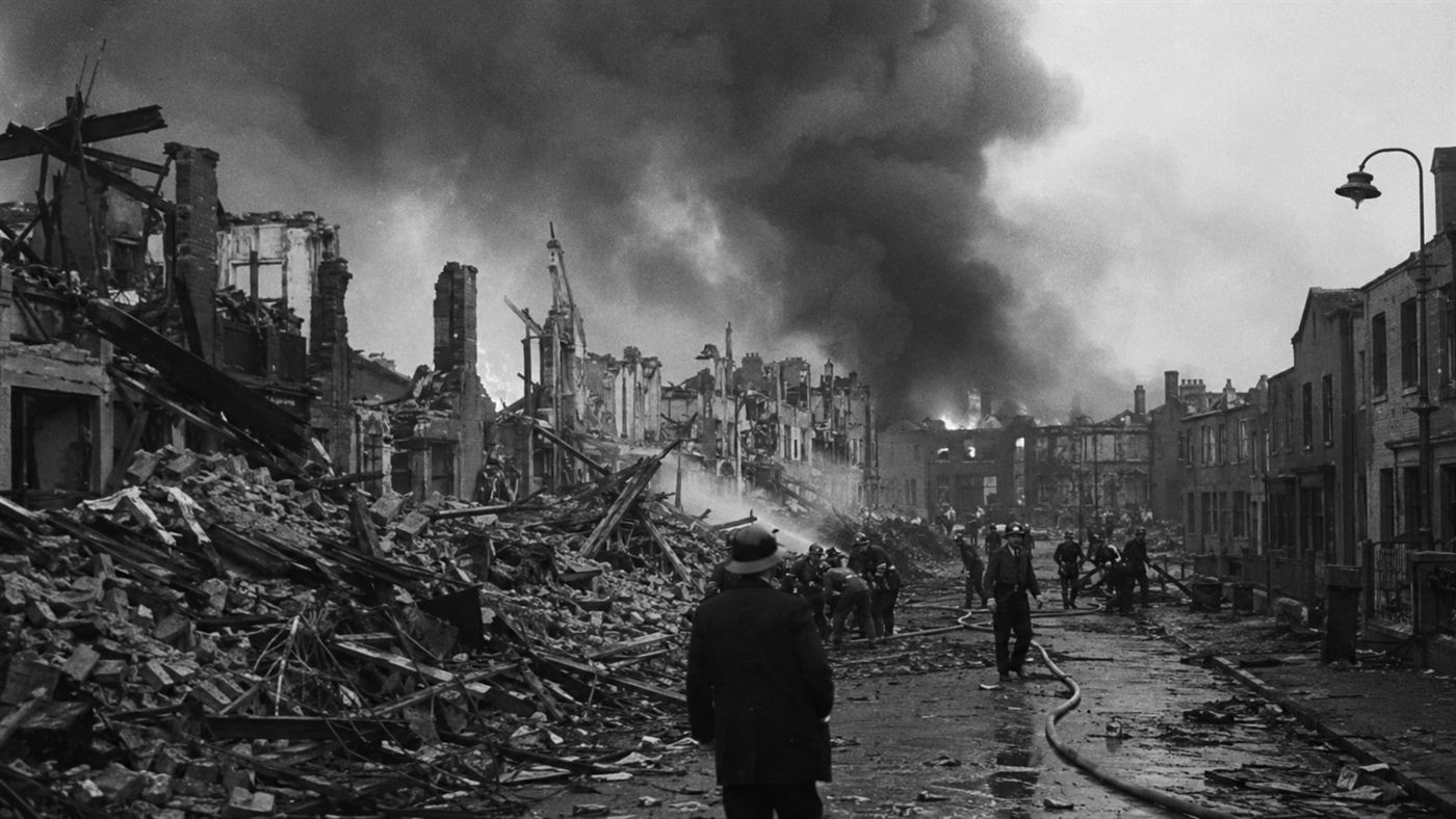 The Cleveland LNG explosion of 1944, a residential street reduced to burning rubble and smoke under a dark sky