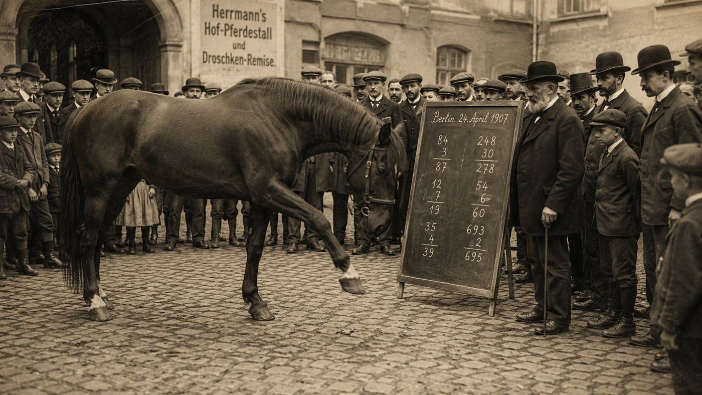 Clever Hans, a horse tapping its hoof before a crowd in early 1900s Berlin